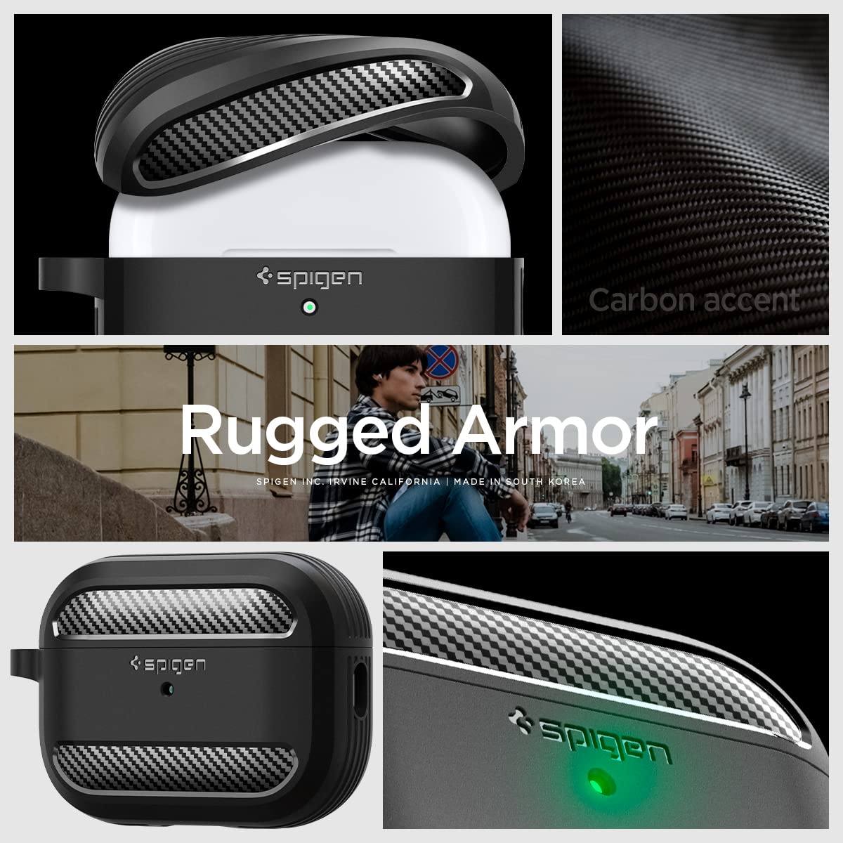 Spigen Rugged Armor AirPods Pro 2 case back view highlights dual-layer protection