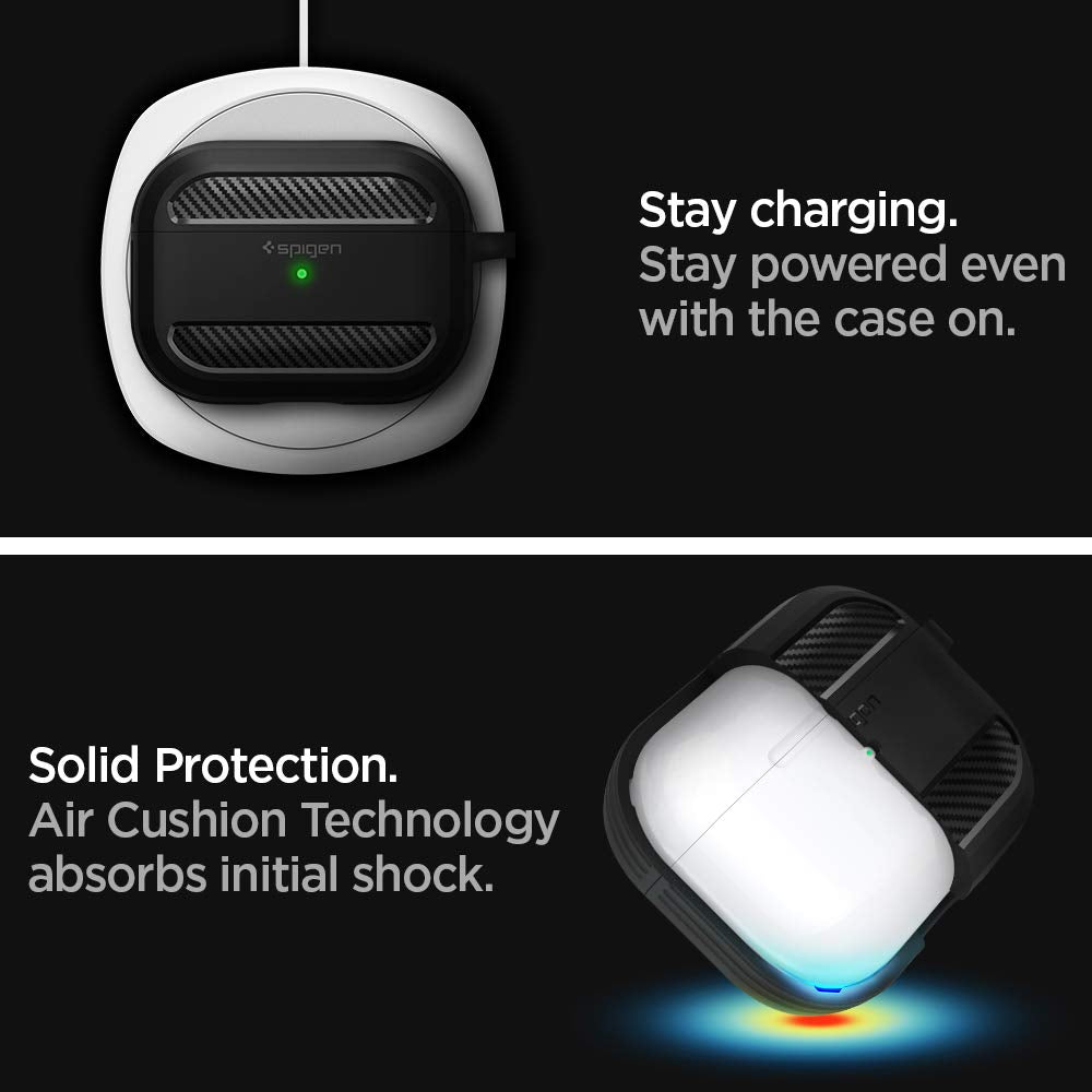 Spigen Rugged Armor AirPods Pro 2019 carbon fiber texture for rugged aesthetics.
