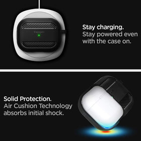 Spigen Rugged Armor AirPods Pro 2019 carbon fiber texture for rugged aesthetics.