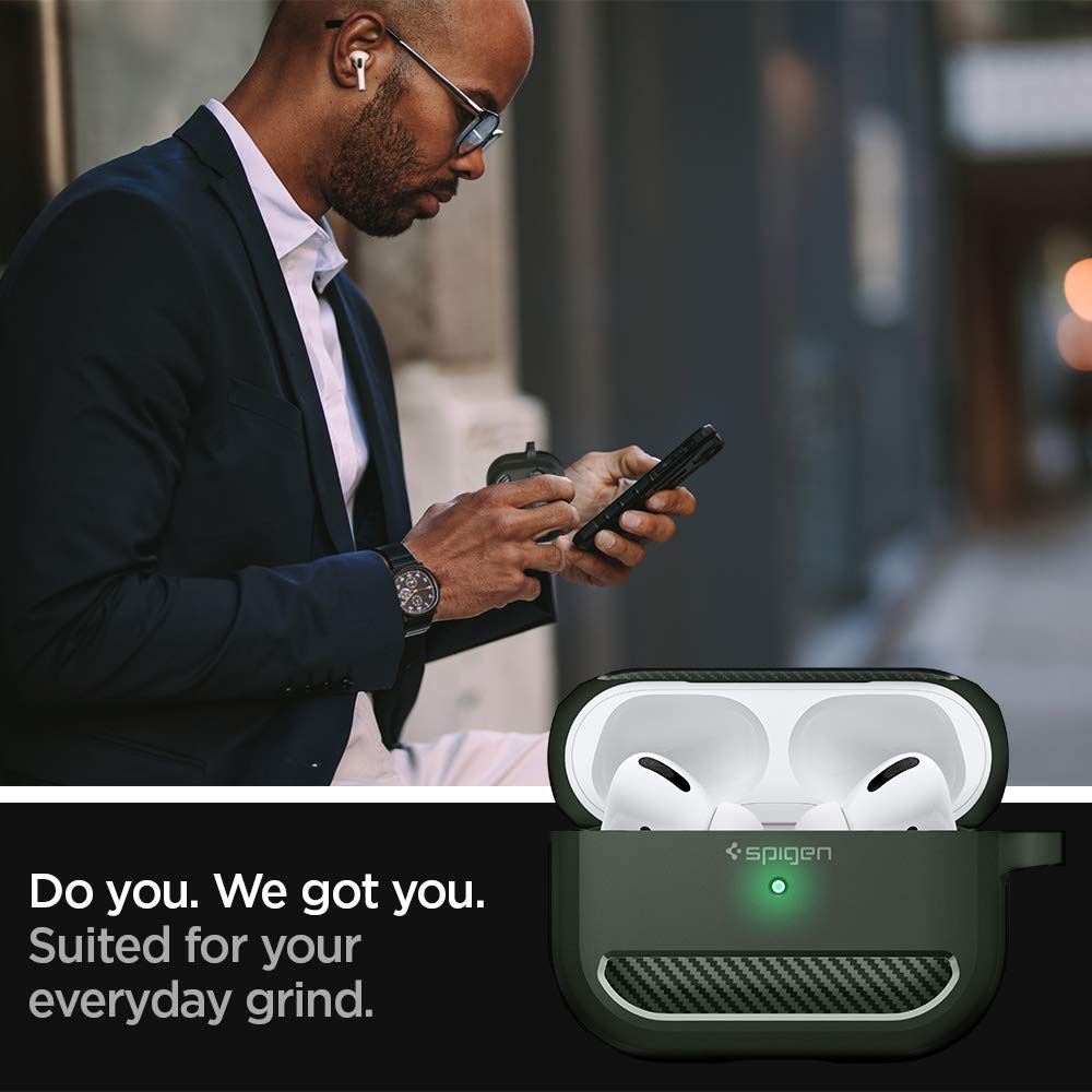 Spigen Rugged Armor, top view, secure fit for AirPods Pro case