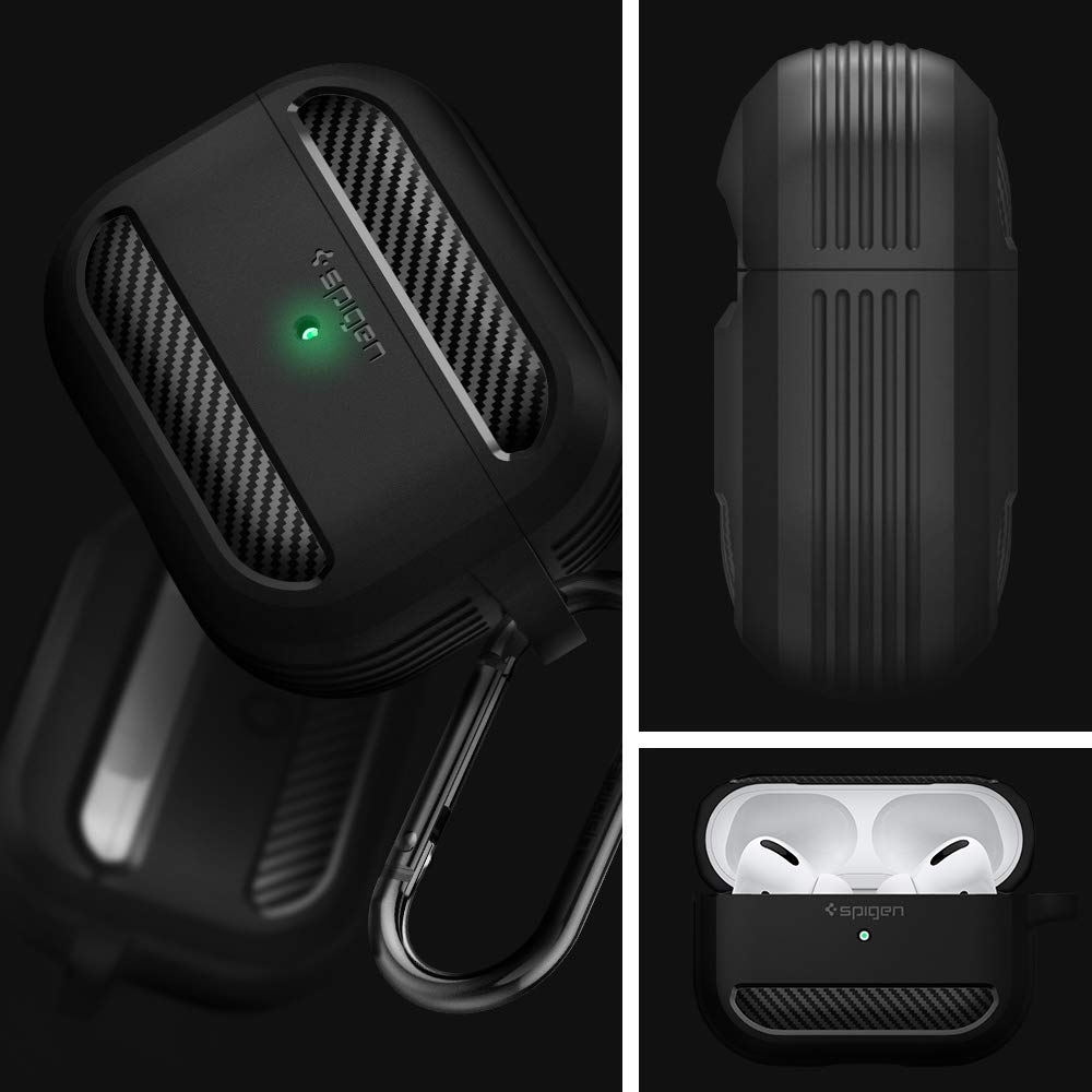 Spigen Rugged Armor AirPods Pro 2019 side view highlights the carabiner for easy transport.