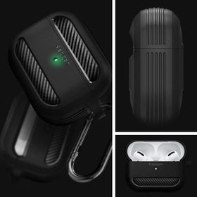 Spigen Rugged Armor AirPods Pro 2019 side view highlights the carabiner for easy transport.