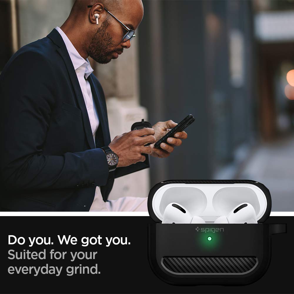 Spigen Rugged Armor AirPods Pro 2019 shows wireless charging compatibility without obstruction.
