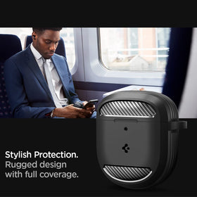 Spigen Rugged Armor Bose QuietComfort Case carbon fiber detail emphasizes stylish, impact-ready design.