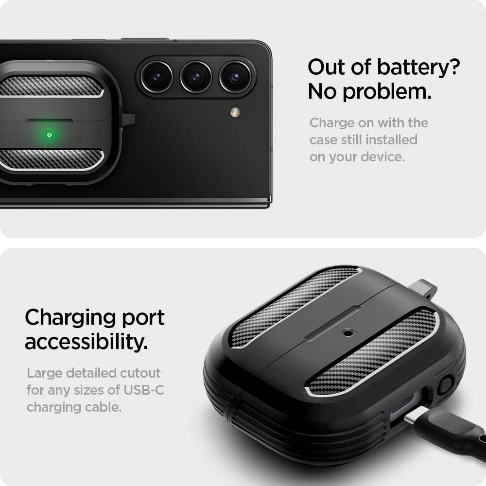 Spigen Rugged Armor Buds3 case assembly closeup shows robust build.