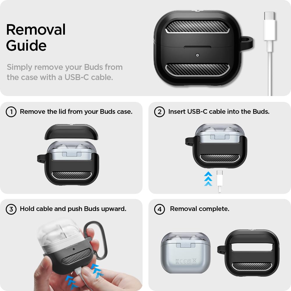Spigen Rugged Armor Buds3 case with carabiner enables easy portability.