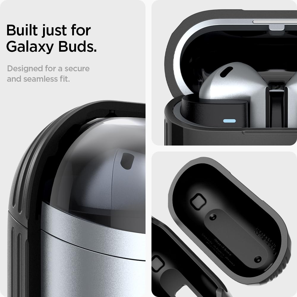 Spigen Rugged Armor Buds3 case side view highlights two-piece construction.