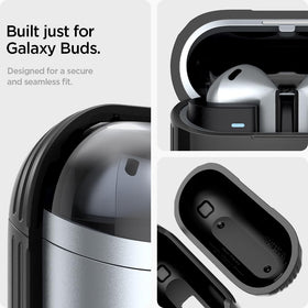 Spigen Rugged Armor Buds3 case side view highlights two-piece construction.
