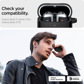 Spigen Rugged Armor Buds3 Pro case shows dual-layer protection and precise access.