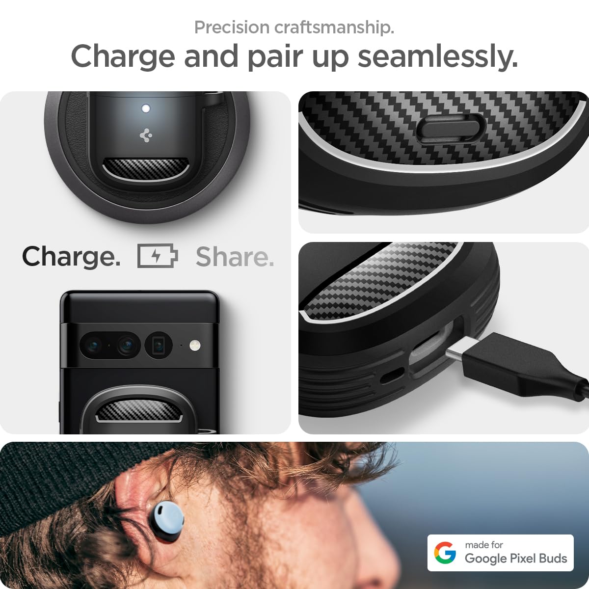 Spigen matte black finish offers a clean, understated look for Pixel Buds Pro case.
