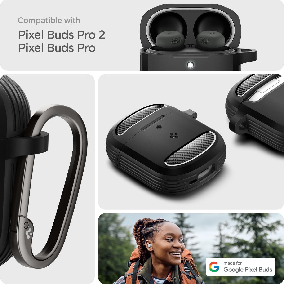 Spigen Rugged Armor Pixel Buds Pro2 with carabiner clip for easy clipping on bags.