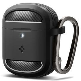 Spigen Rugged Armor case for Pixel Buds Pro2, matte black, providing slim, durable protection.