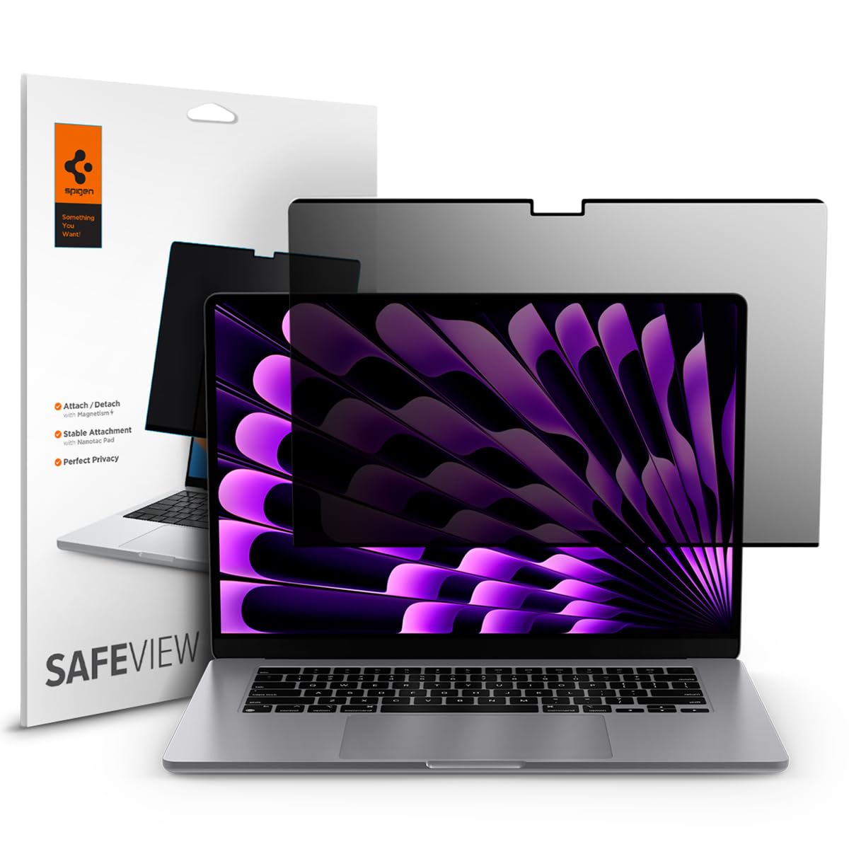 Spigen SafeView front packaging showing privacy filter and model compatibility benefits
