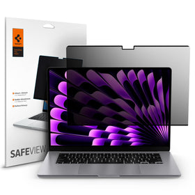Spigen SafeView front packaging showing privacy filter and model compatibility benefits