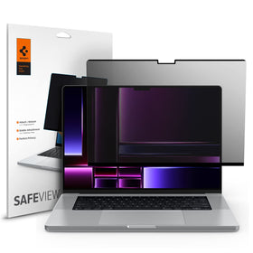 Spigen SafeView front view showing fitted privacy filter on MacBook Pro, protects screen content