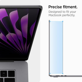 Spigen SafeView installed on MacBook showing clear front view and privacy benefit