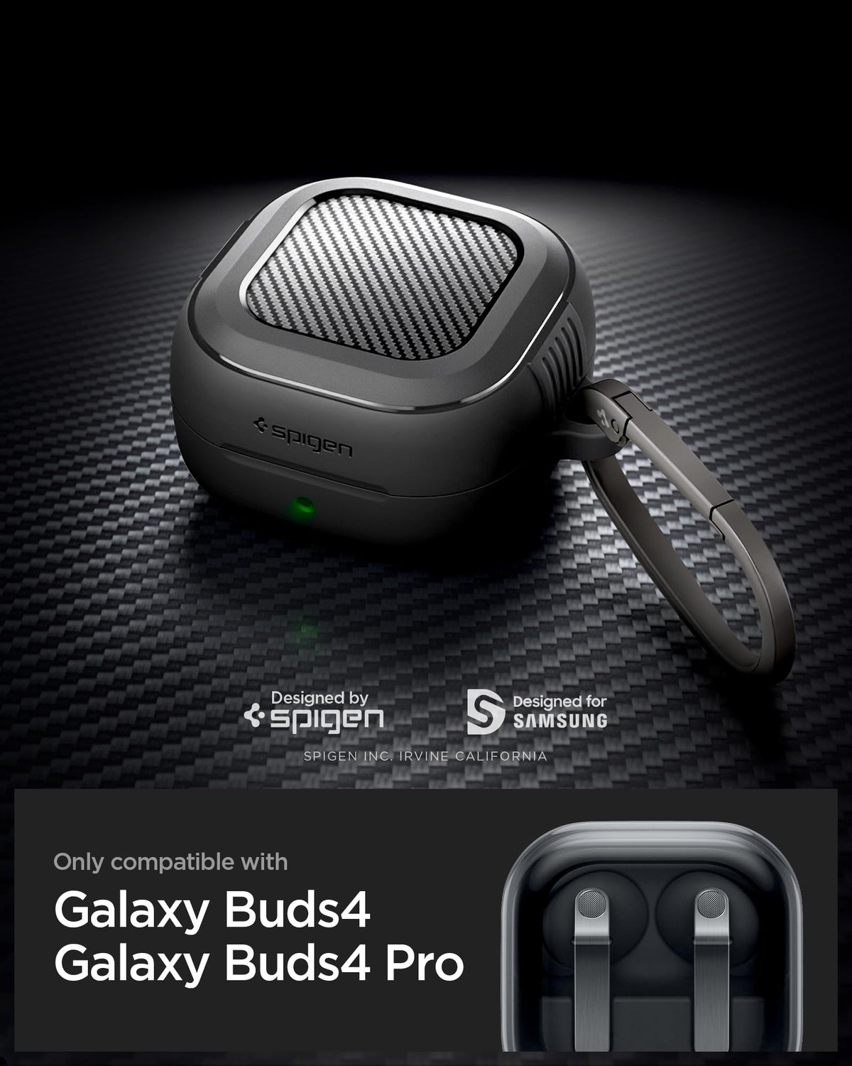Spigen Galaxy Buds 4 Pro Case back view showing rugged durability