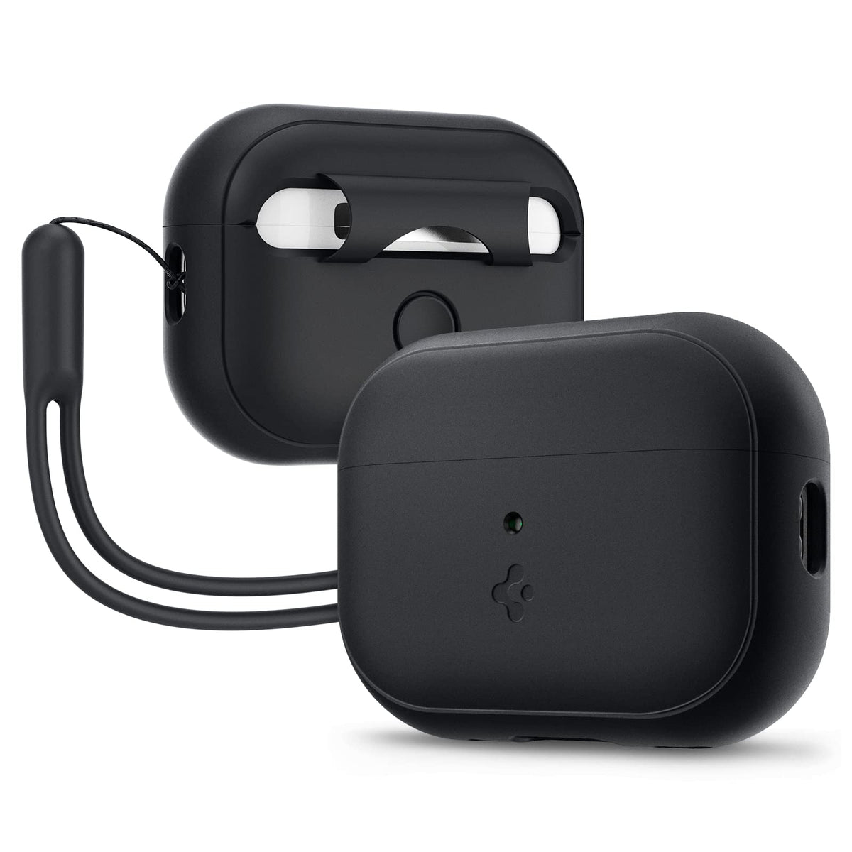 Spigen Silicone Fit for AirPods Pro 2 – front view, sleek black case with USB-C/Lightning compatibility.