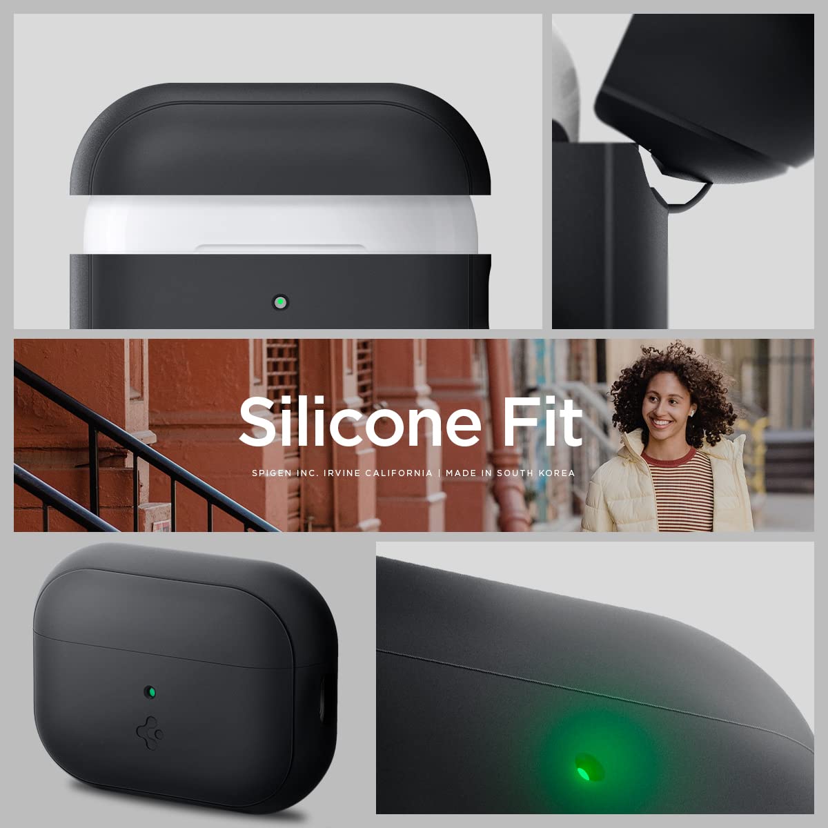 Spigen AirPods Pro 2 silicone case – side view with included lanyard for easy carry.