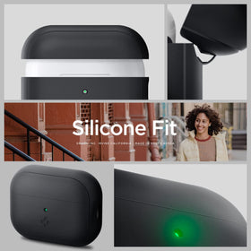 Spigen AirPods Pro 2 silicone case – side view with included lanyard for easy carry.