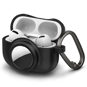 Spigen Tag Armor Duo with AirPods Pro and AirTag cases in matte black.
