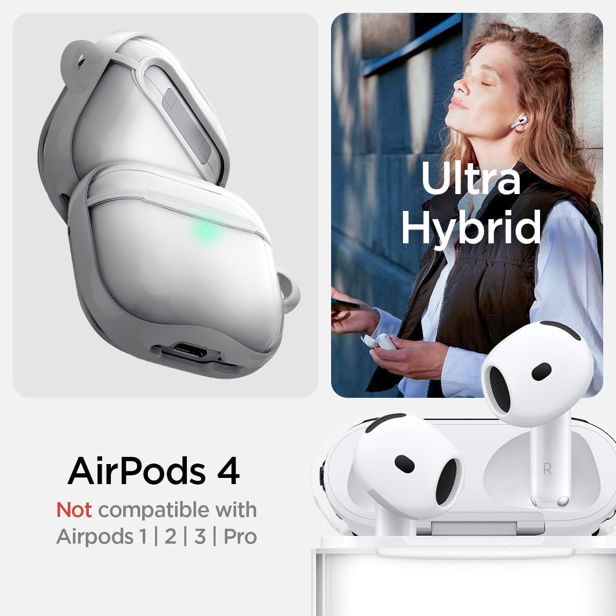 Spigen Ultra Hybrid AirPods 4 case shows blue-resin clarity for long-lasting transparency.