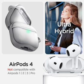 Spigen Ultra Hybrid AirPods 4 case shows blue-resin clarity for long-lasting transparency.