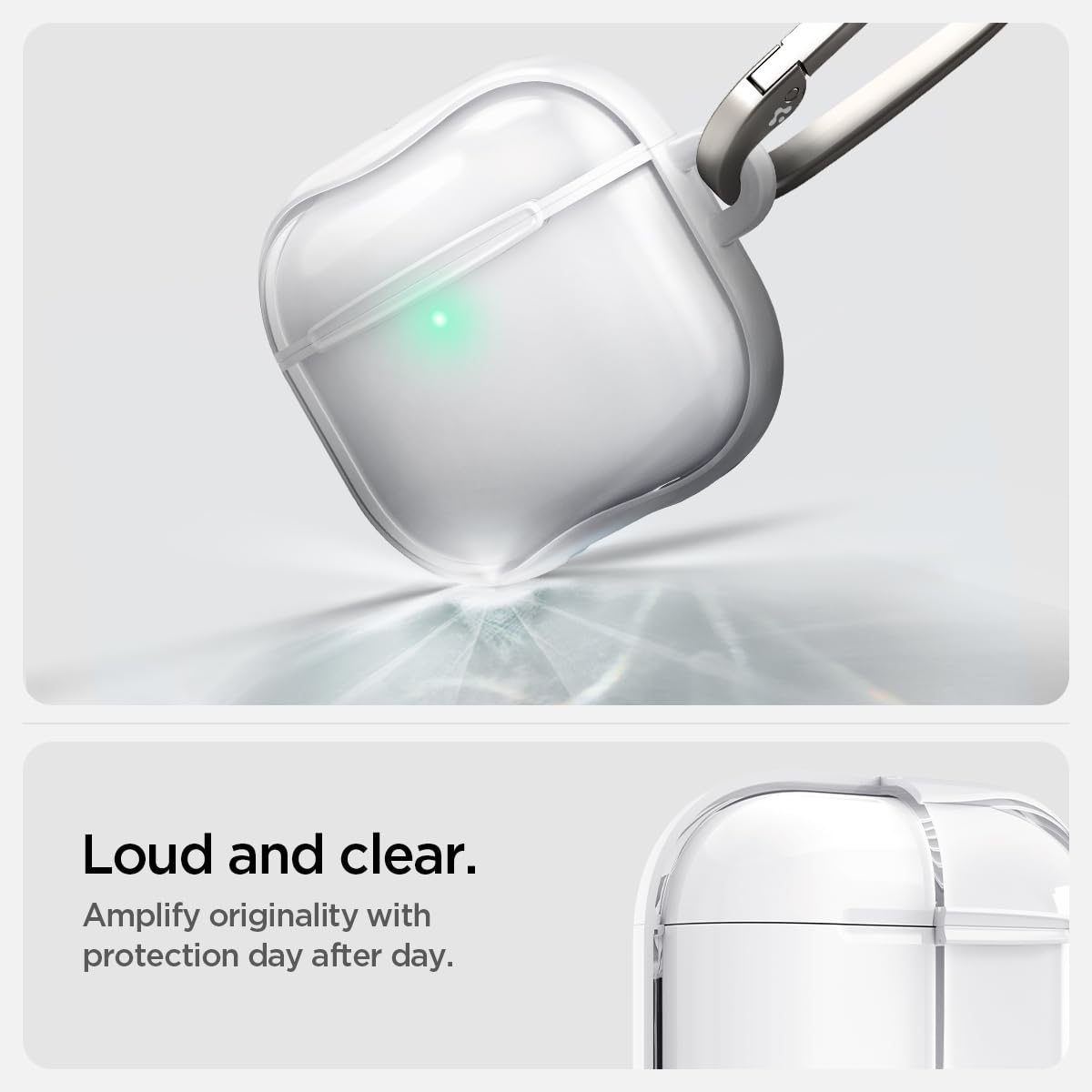 Spigen Ultra Hybrid AirPods 4 case with carabiner for easy portability.