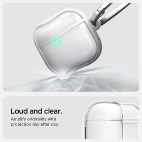 Spigen Ultra Hybrid AirPods 4 case with carabiner for easy portability.