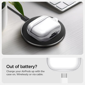 Spigen Ultra Hybrid AirPods 4 case supports wireless charging without removing.