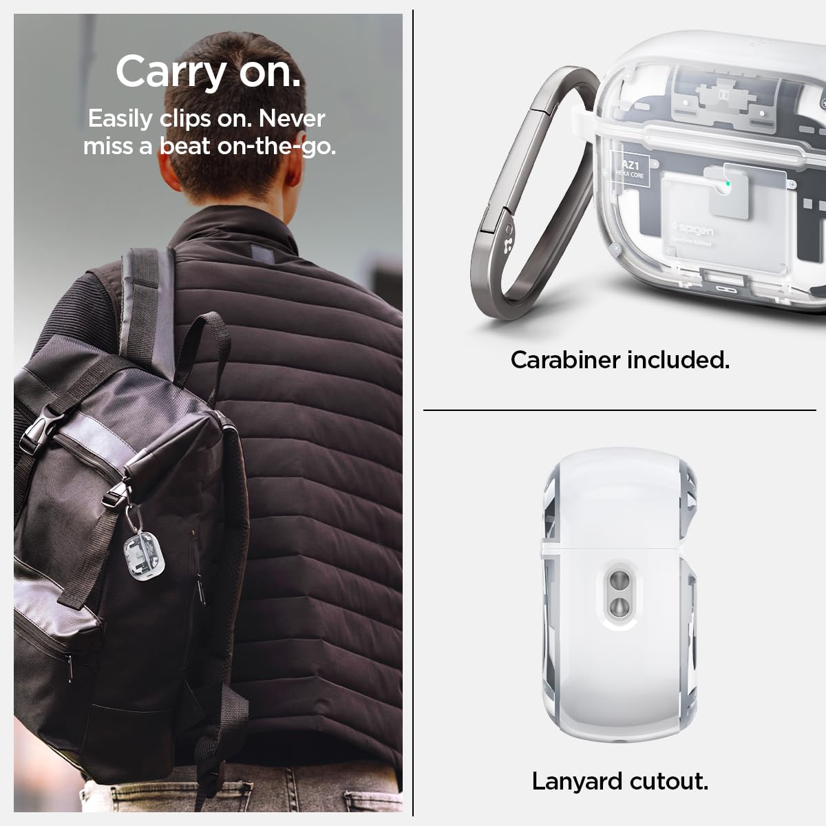 Spigen Ultra Hybrid with carabiner attached for secure carry benefit