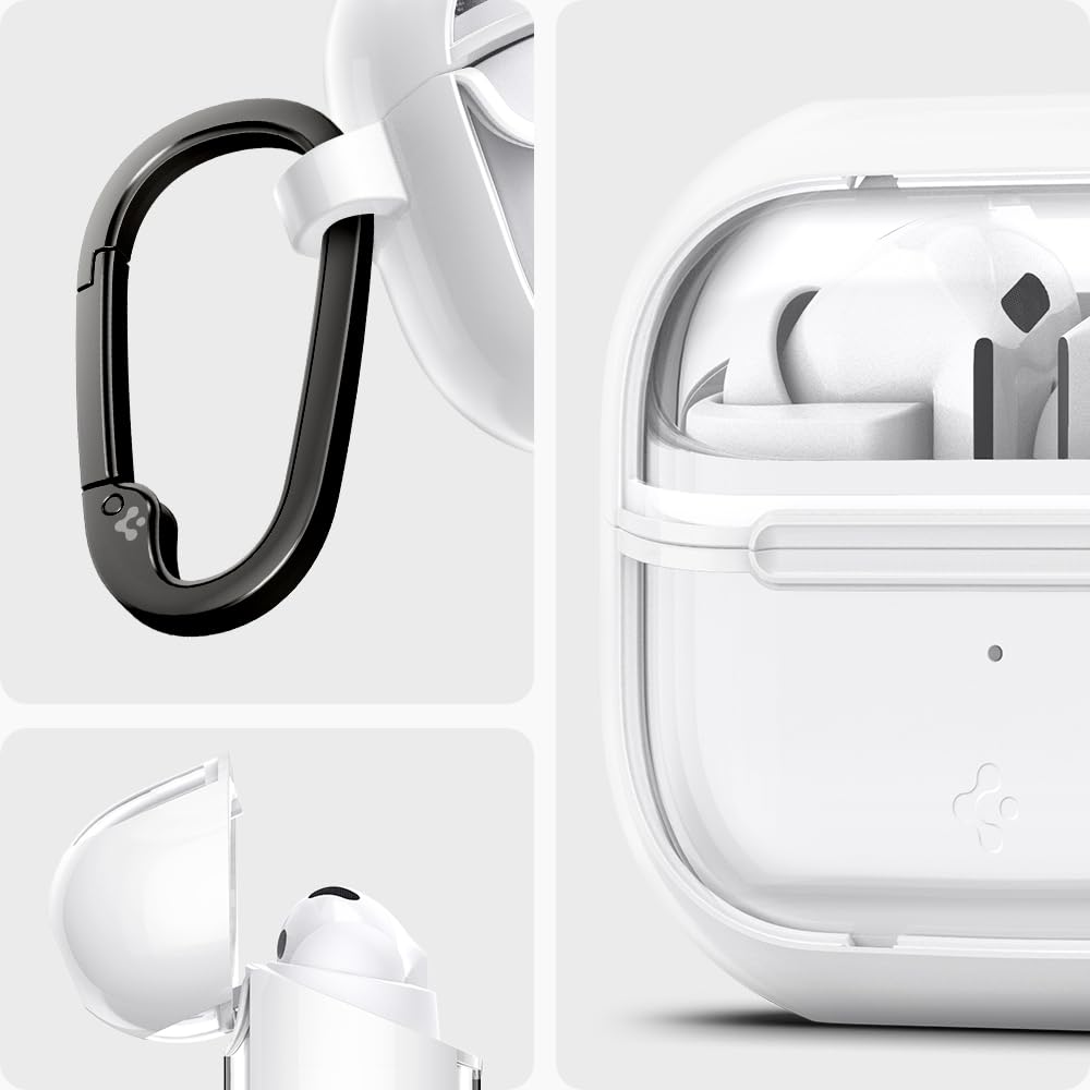 Spigen Ultra Hybrid Jet White Buds3 case side profile highlights slim, wireless-friendly form.