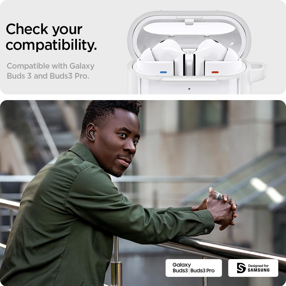 Spigen Ultra Hybrid Jet White Buds3 Pro back view with anti-yellowing shell.