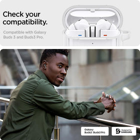 Spigen Ultra Hybrid Jet White Buds3 Pro back view with anti-yellowing shell.