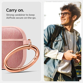 Spigen Urban Fit attached by carabiner to backpack for hands-free portability