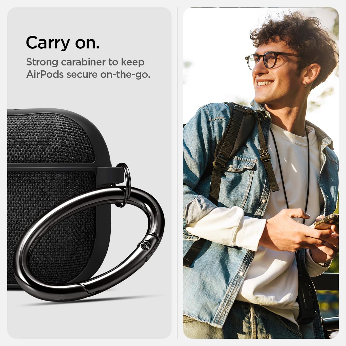 Spigen Urban Fit with carabiner clipped to backpack loop for secure carry benefit