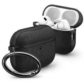 Spigen Urban Fit front view showing matte black fabric and neat fit, protects while looking sleek
