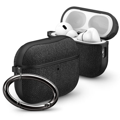 Spigen Urban Fit front view showing matte black fabric and neat fit, protects while looking sleek