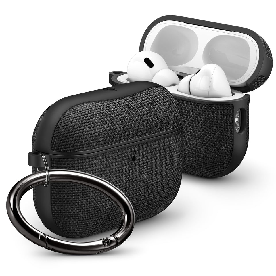 Spigen Urban Fit front view showing matte black fabric and neat fit, protects while looking sleek