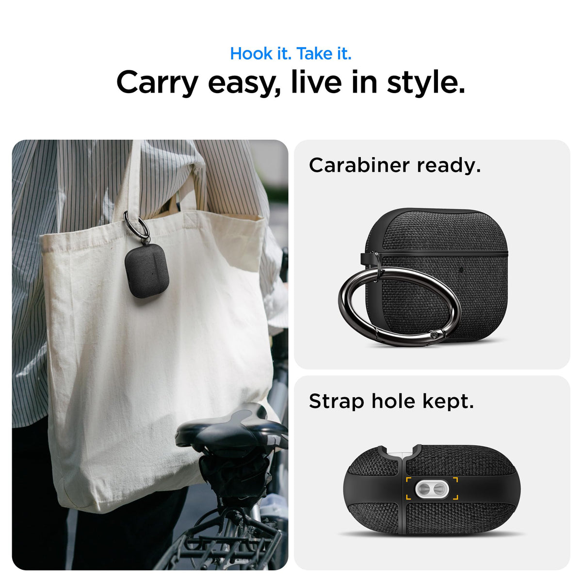 Spigen Urban Fit clipped to backpack strap, lifestyle shot shows hands-free everyday carry benefit