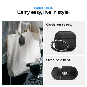 Spigen Urban Fit clipped to backpack strap, lifestyle shot shows hands-free everyday carry benefit