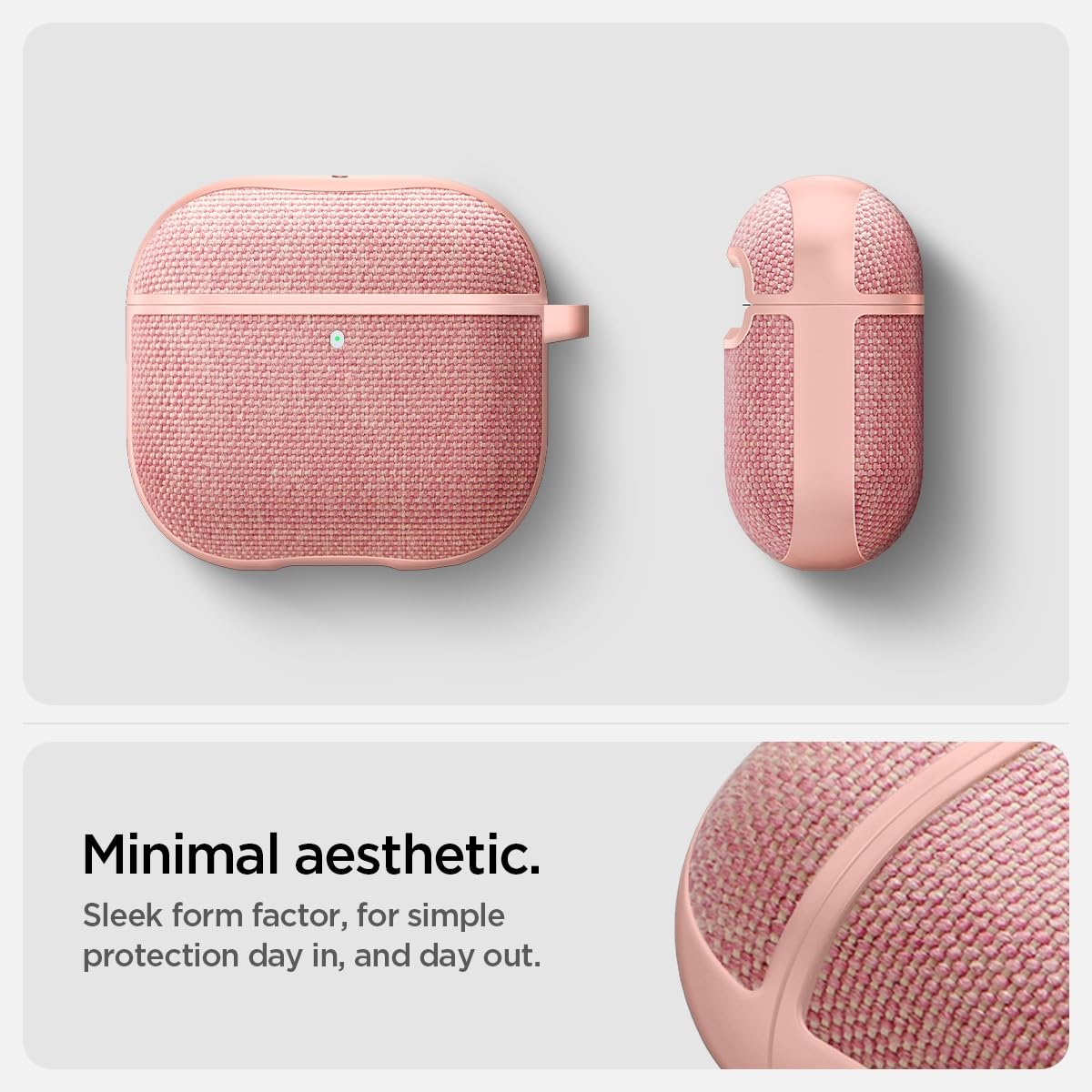 Open Spigen case showing suede interior protecting AirPods 4 from scratches