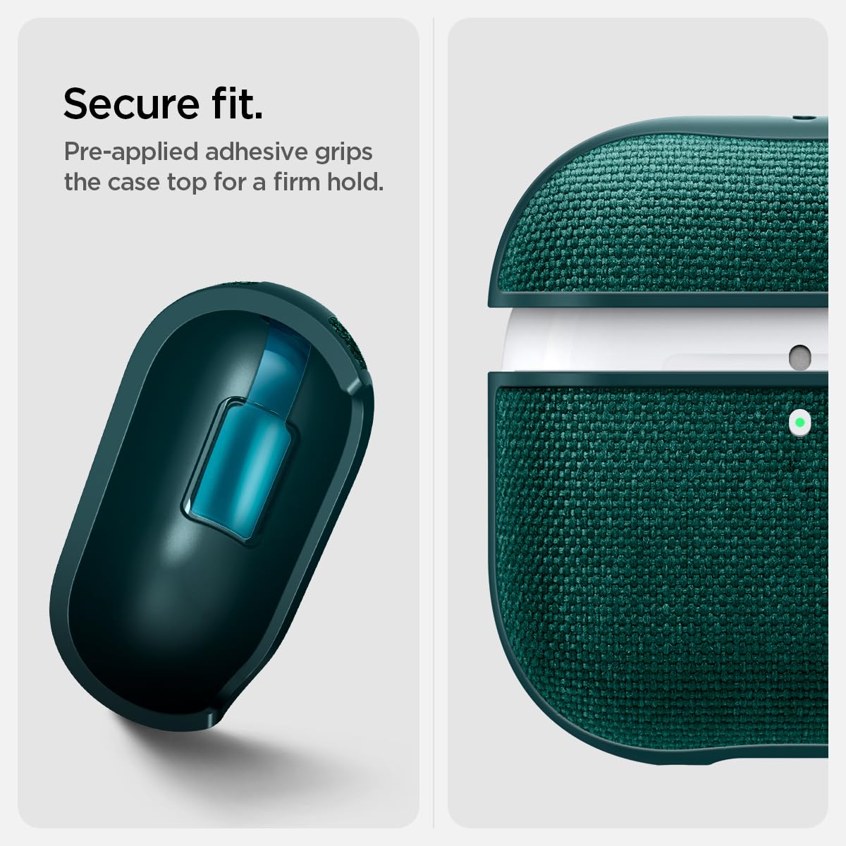 Spigen Urban Fit beside AirPods for scale showing slim-profile protection