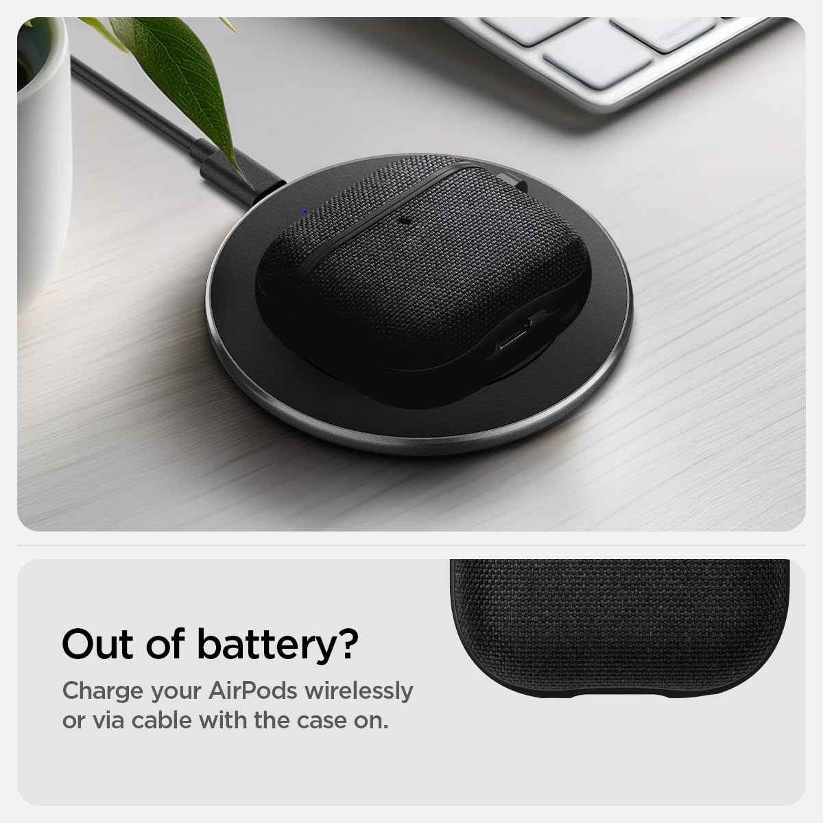 Spigen Urban Fit on wireless charger demonstrating charging compatibility benefit