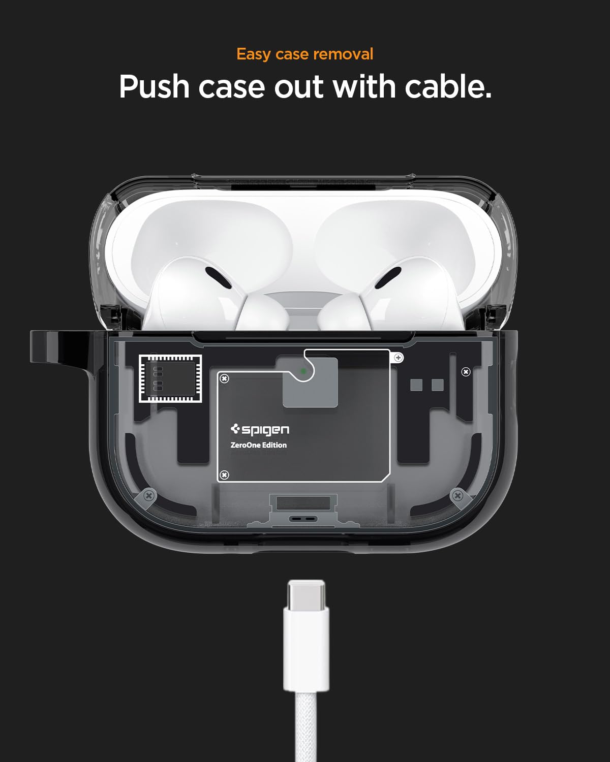 Spigen Zero One next to AirPods case to show scale and precise fit benefit