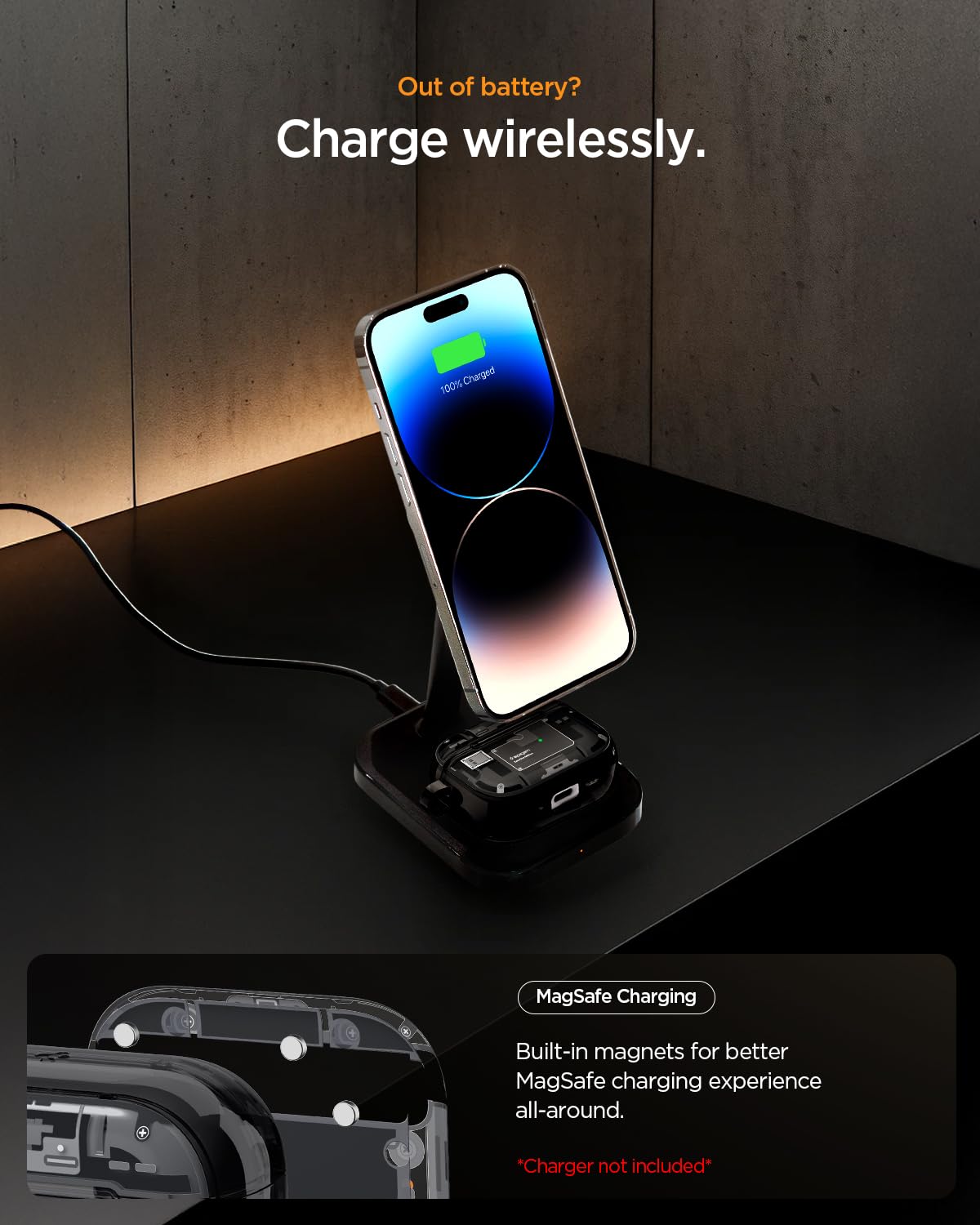 Spigen Zero One clipped with carabiner on bag, provides hands-free portability benefit