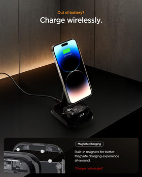 Spigen Zero One clipped with carabiner on bag, provides hands-free portability benefit