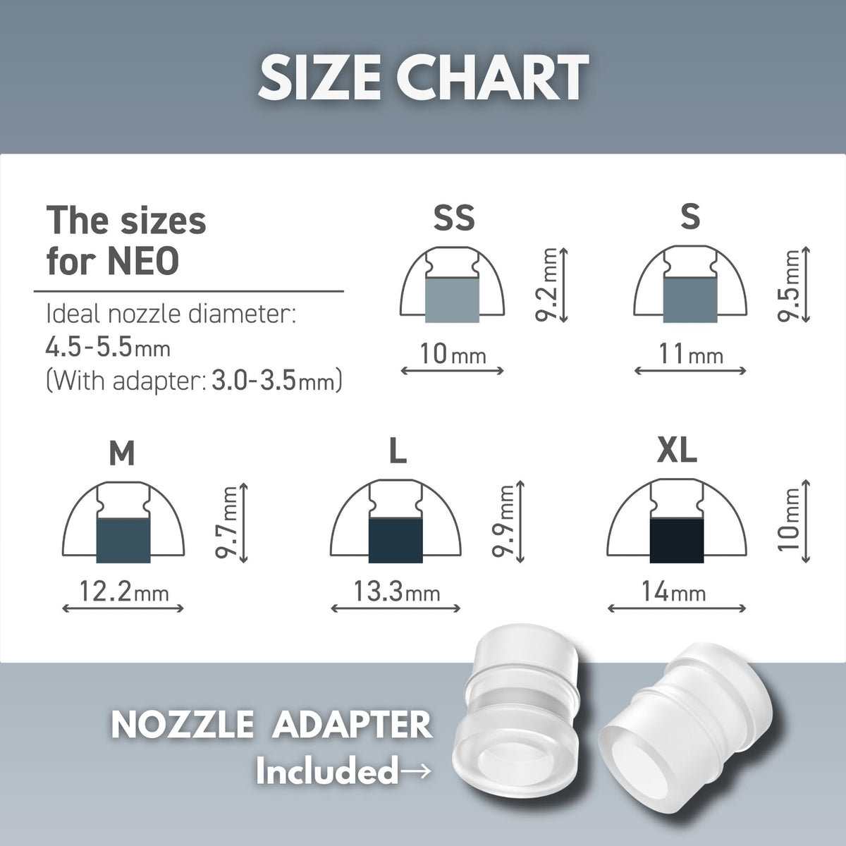 SpinFit NEO attached to earphone nozzle showing secure angled fit benefit