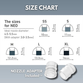 SpinFit NEO attached to earphone nozzle showing secure angled fit benefit