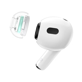 SpinFit SuperFine ear tips installed on AirPods Pro for secure, comfortable wear.